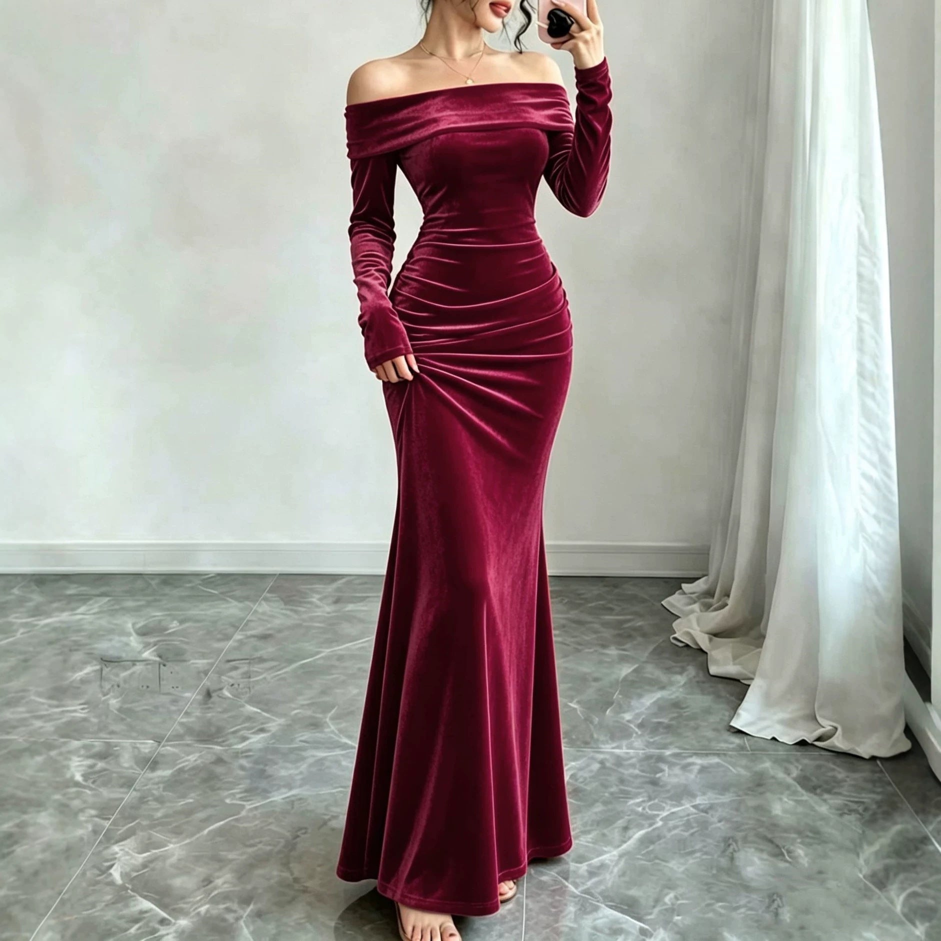 Velvet Maxi Dress with Off Shoulder Neckline — Long Sleeve Ruched Mermaid Gown