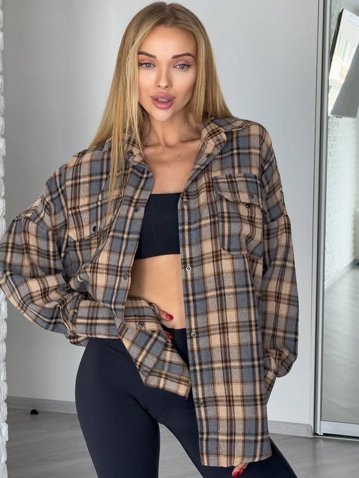 Oversized Flannel Shirt for Women — Plaid Button Front Shacket with Chest Pockets