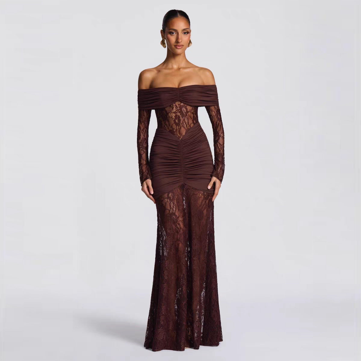 Lace Maxi Dress with Off Shoulder Neckline — Ruched Mermaid Evening Gown