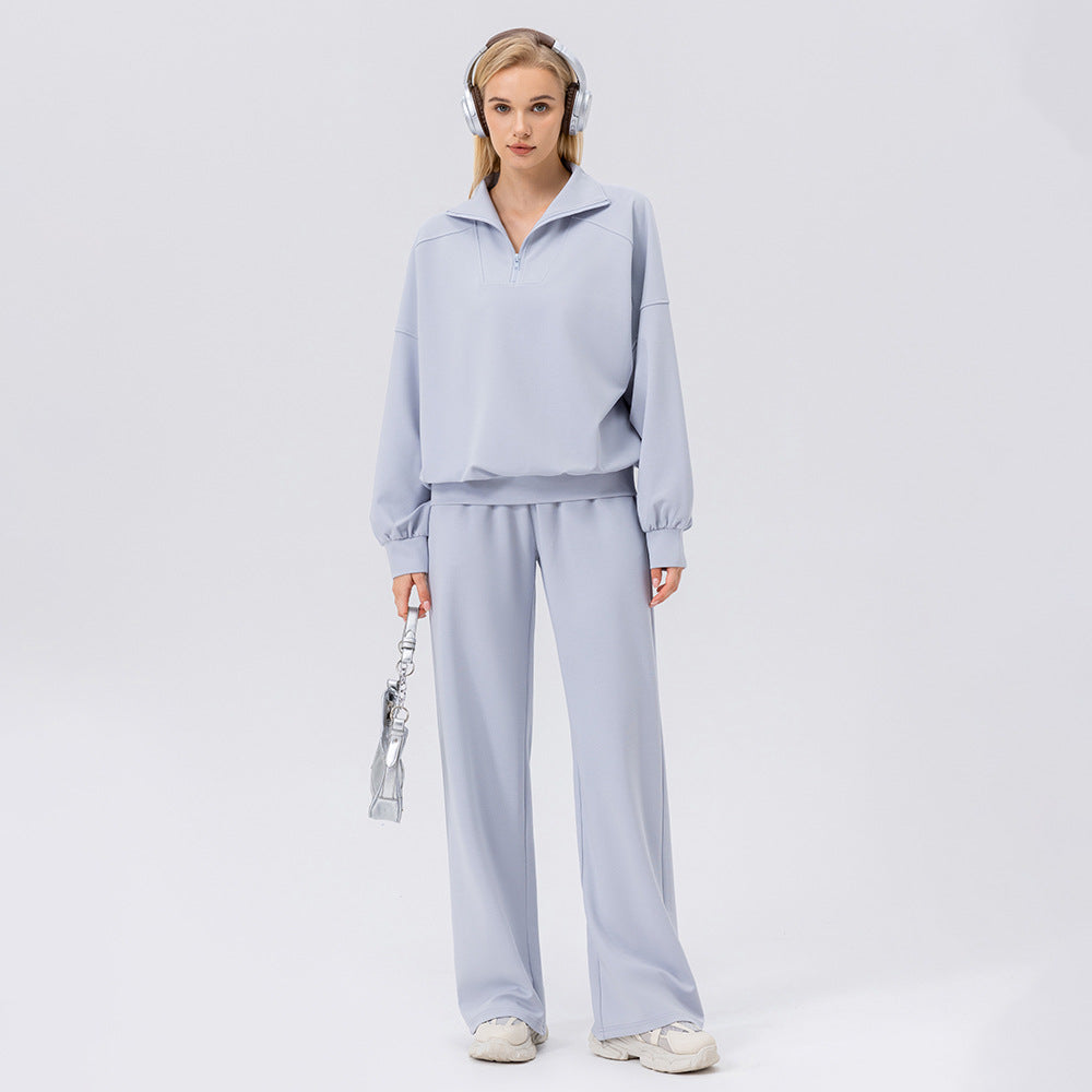 Women’s mist blue half-zip sweatshirt and wide-leg pants, matching two-piece set