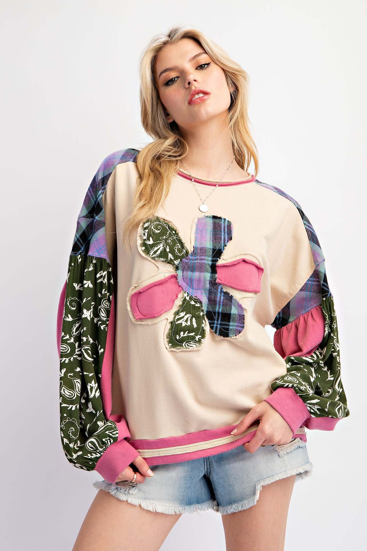 Patchwork Sweatshirt for Women — Oversized Floral Applique Pullover in Soft Cotton