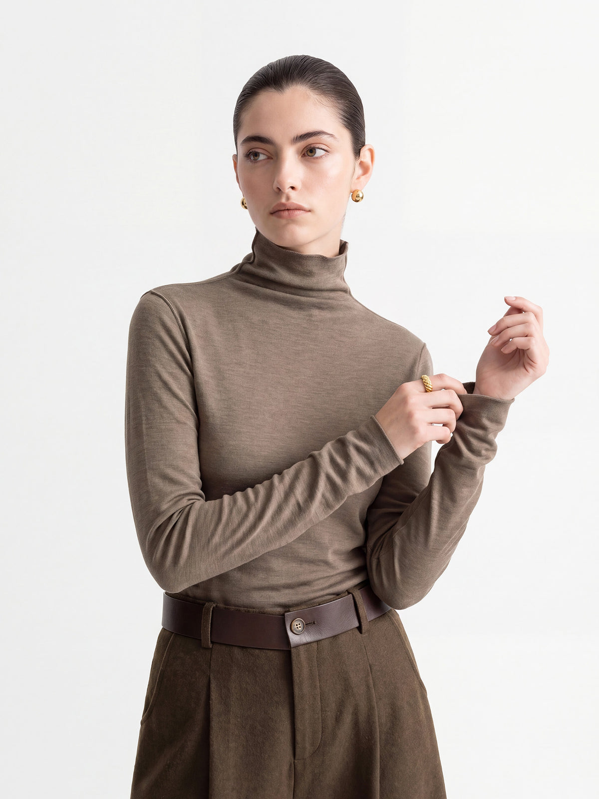 Women’s mock-neck long-sleeve top, warm taupe color, high collar
