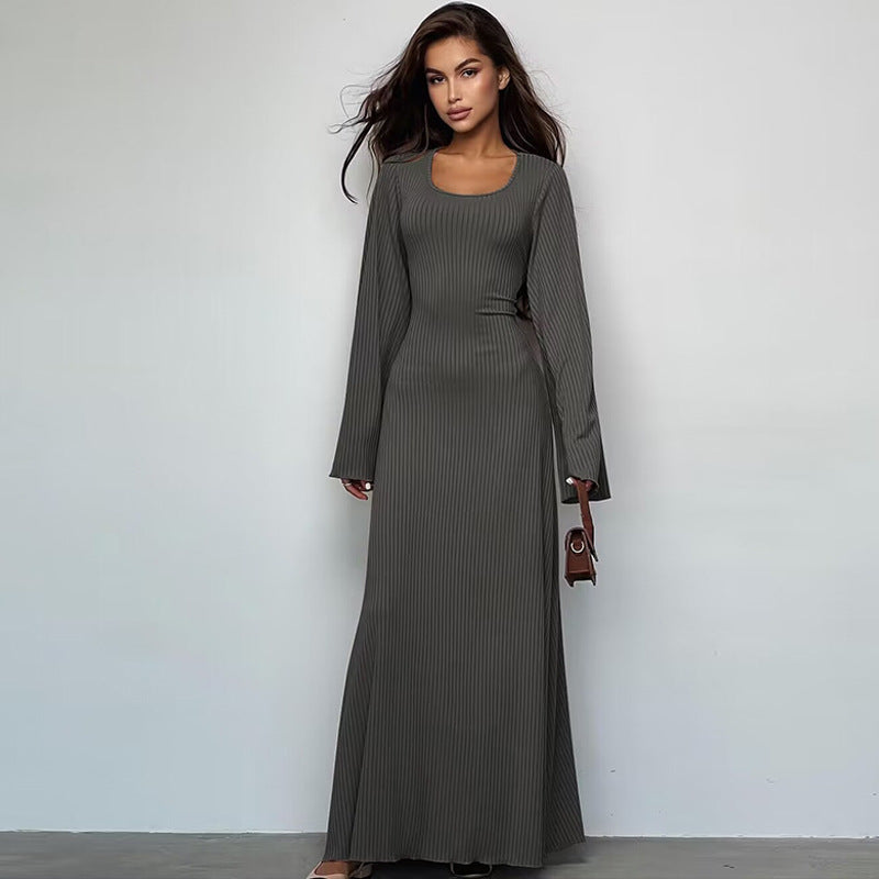 Ribbed knit maxi dress in gray, scoop neck, long bell sleeves, fitted column