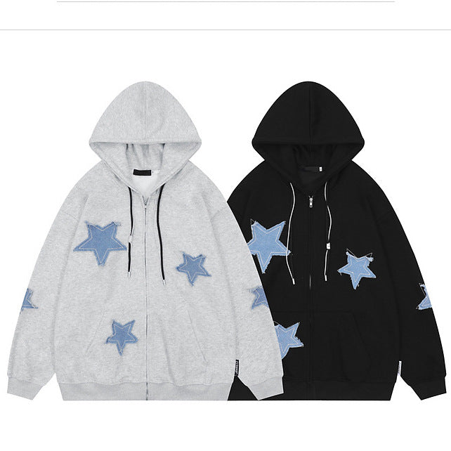 Star Patch Zip Up Hoodie for Women — Oversized Drawstring Fit in Cotton Fleece