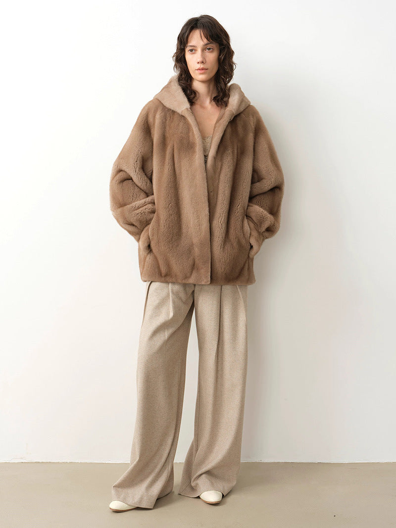 Beige-brown hooded faux fur coat, full front zip placket, relaxed fit