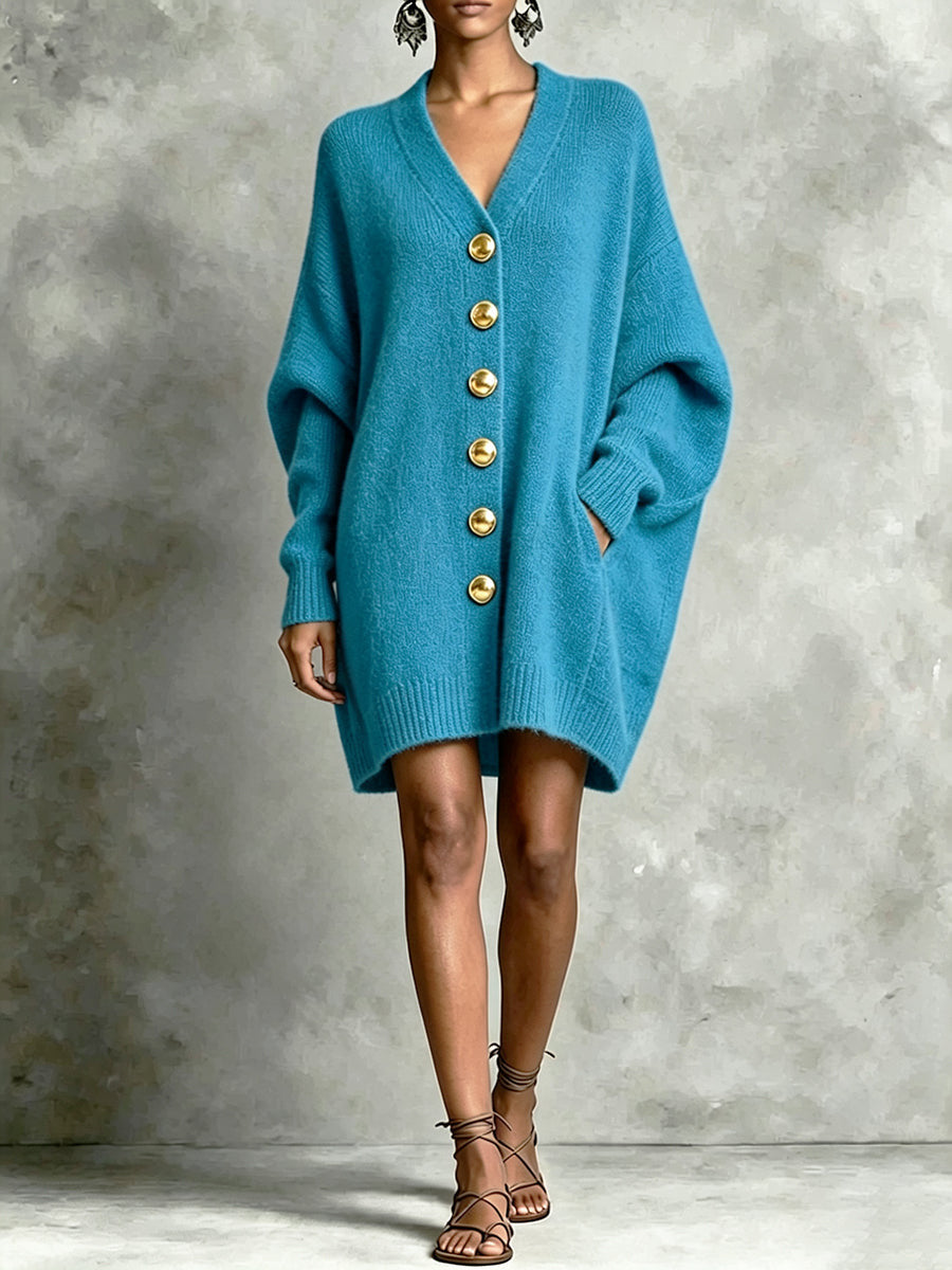 Blue V-neck knit cardigan with gold buttons, loose fit, long sleeves
