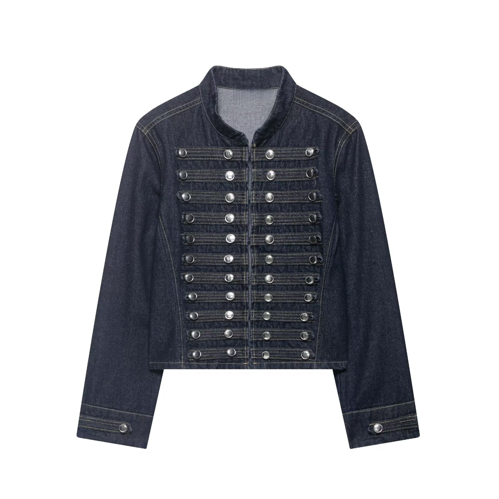 Women’s short navy denim jacket with stand collar and double-breasted silver snap-stud trim