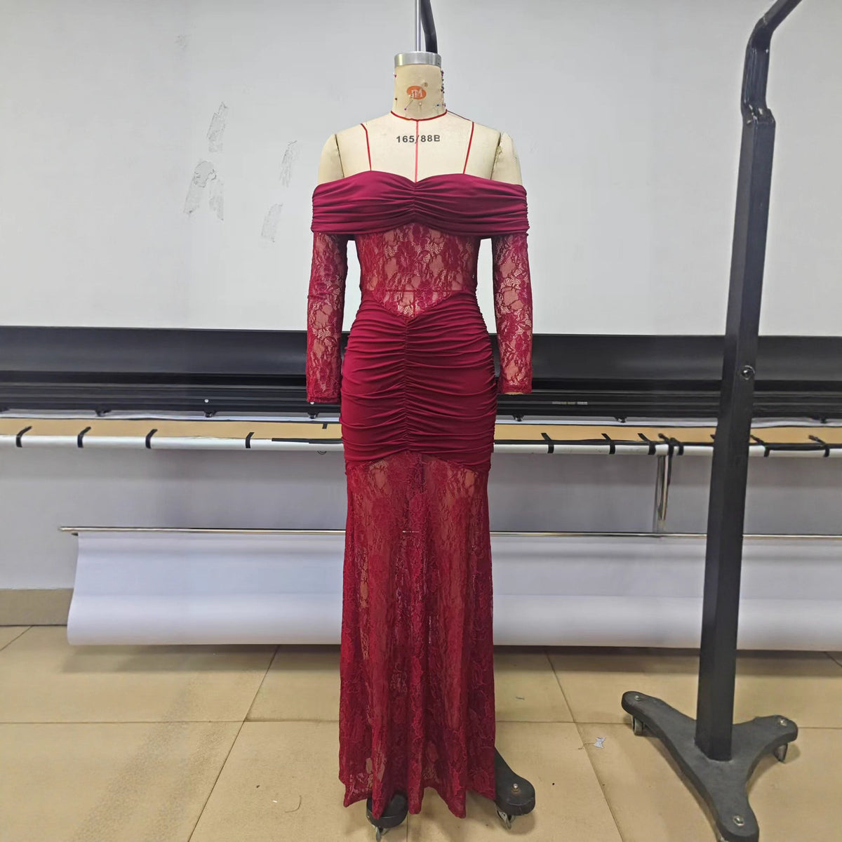 Lace Maxi Dress with Off Shoulder Neckline — Ruched Mermaid Evening Gown