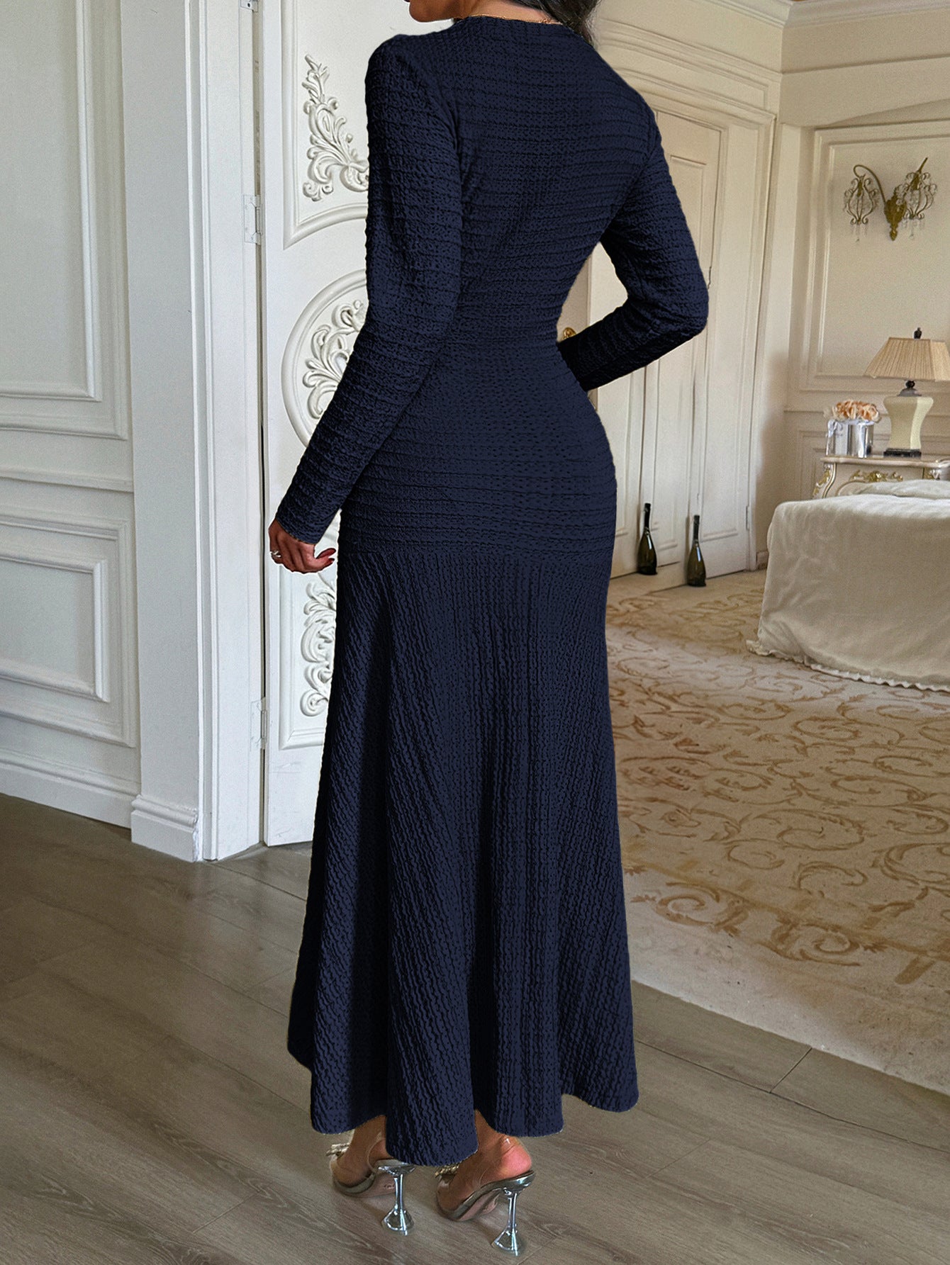 Knit Maxi Dress with Button Front — Elegant Long Sleeve Fit and Flare Silhouette
