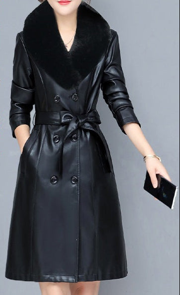 Black faux leather longline coat with faux fur V collar, belted waist, double-breasted buttons