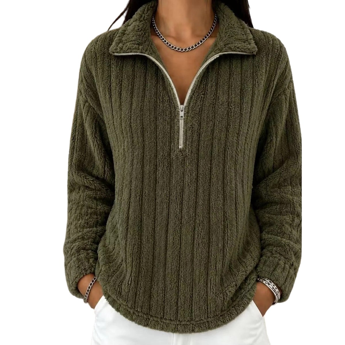 Women’s ribbed plush zip-up pullover sweatshirt in olive green, long sleeves