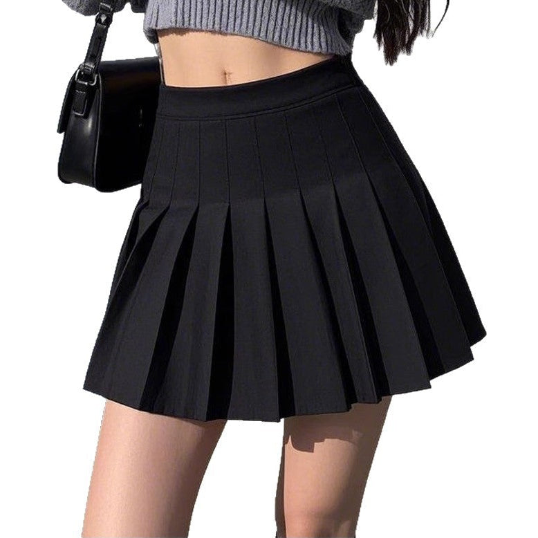 Black pleated A-line mini skirt, high waist with flared hem
