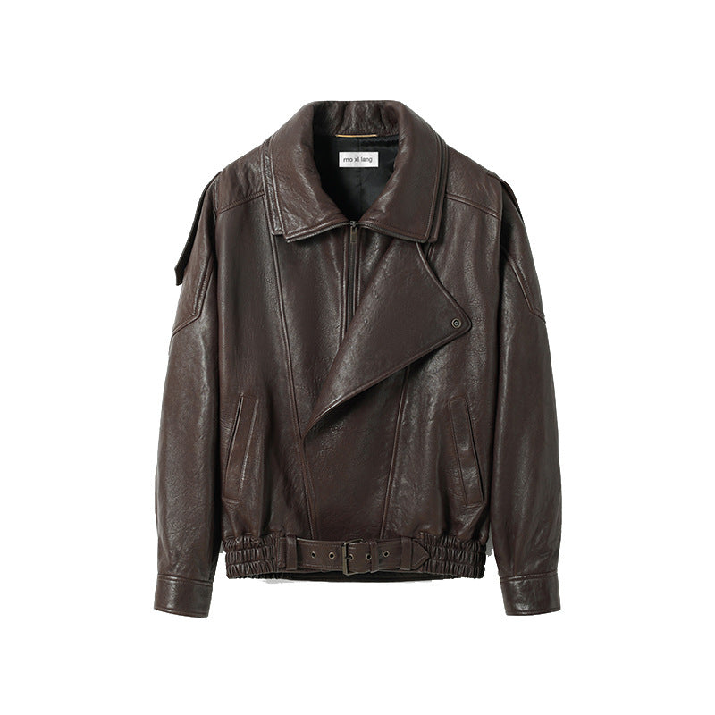 Dark brown leather motorcycle jacket with asymmetrical snap front and belted hem