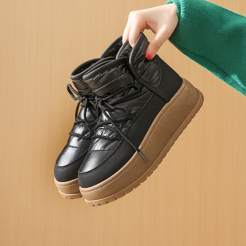 Black high-top lace-up winter boots with fleece lining and brown-tan rubber sole