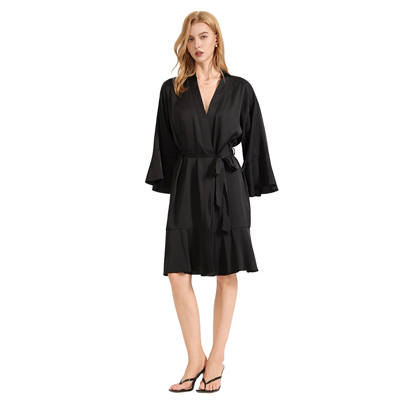 Black satin bathrobe, mid-length with V-neck and waist tie, full outfit view