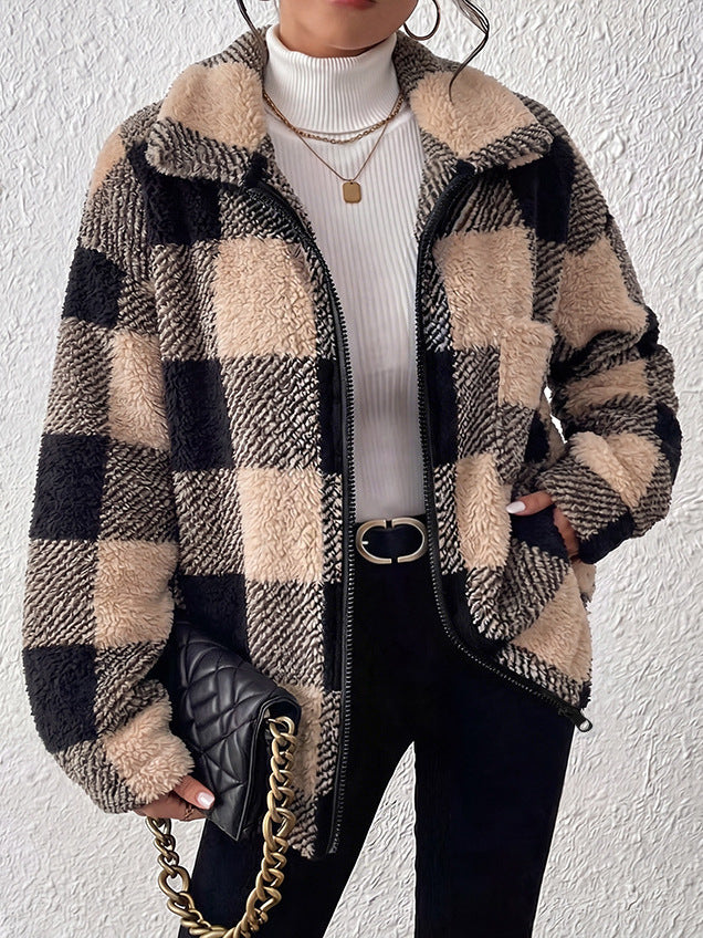 Plaid plush zip-up jacket in tan and black, faux-fur texture, front zipper