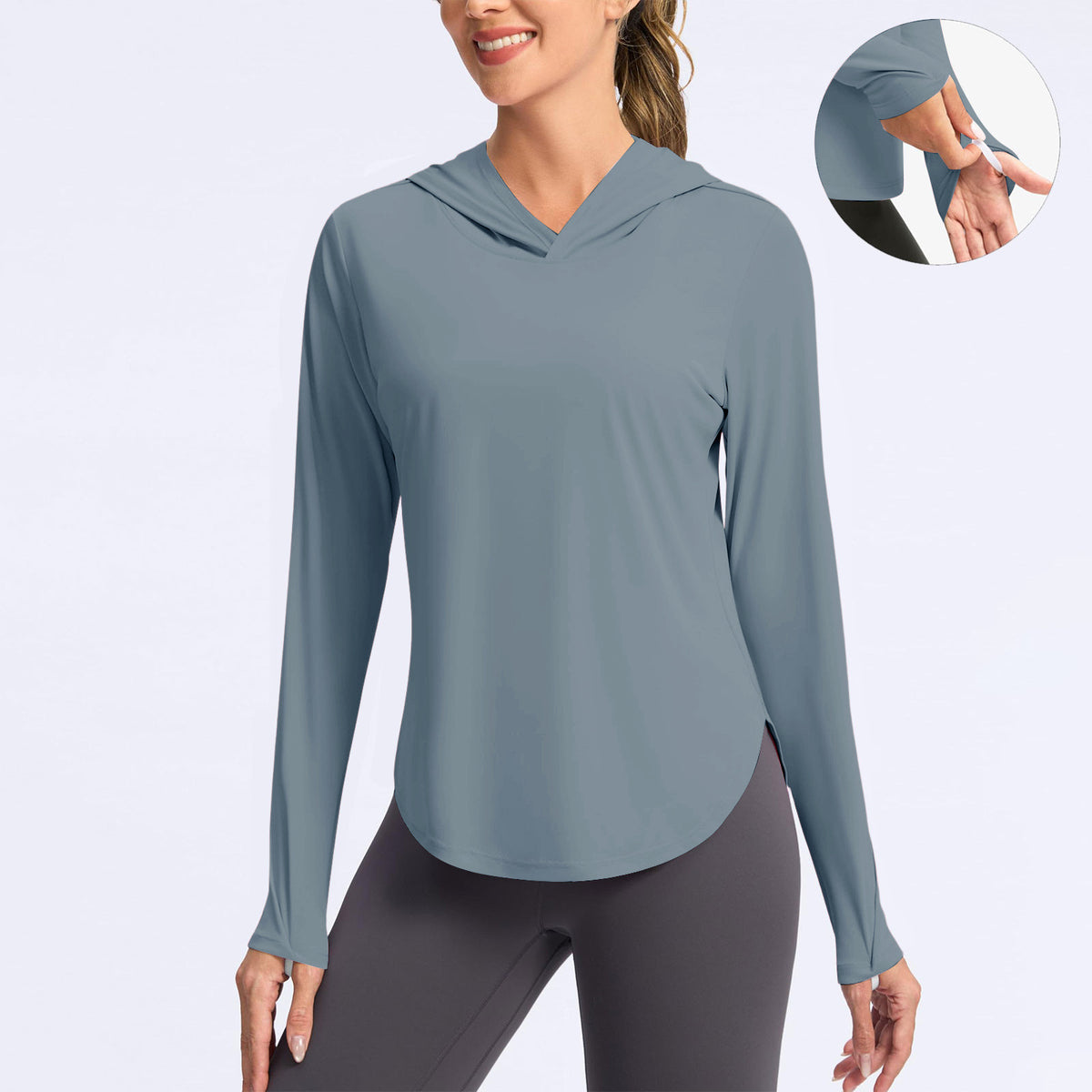 Women’s slate blue hooded sun protection shirt, long sleeves with thumbhole cuffs