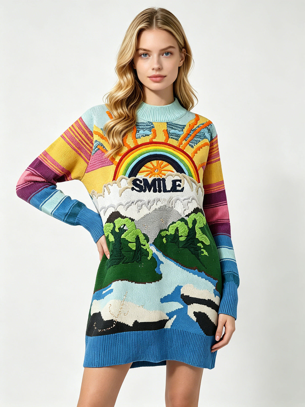Women's sky-blue knit sweater dress with rainbow landscape 'Smile' graphic, side view