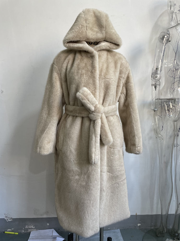 Hooded long faux fur coat with belt tie, beige gray, front view