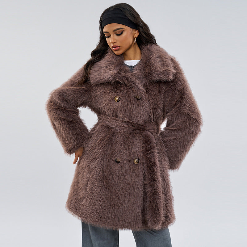 Long faux fur coat with shawl collar, double-breasted buttons, taupe-brown