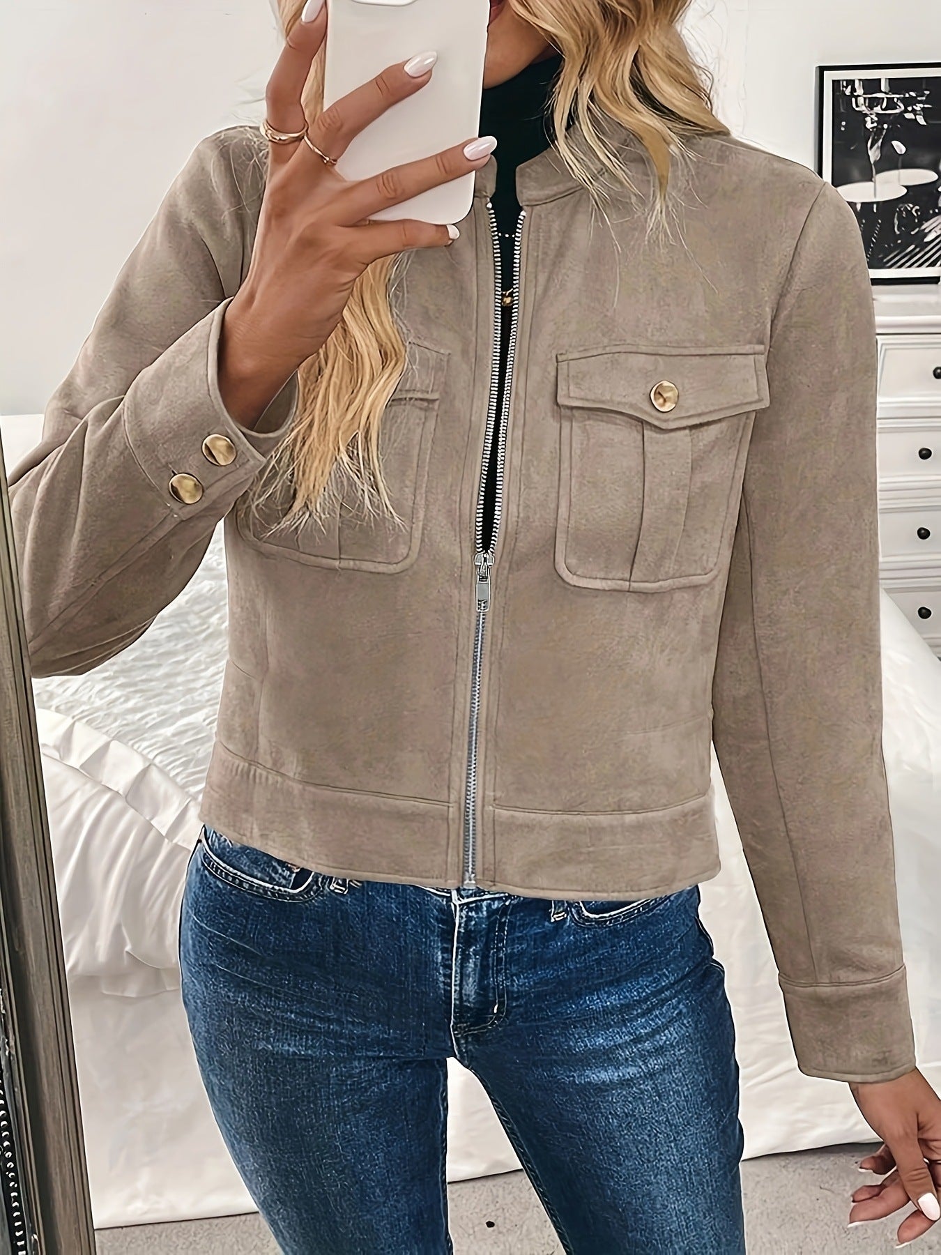 Khaki faux suede short utility jacket with front zip and flap chest pockets