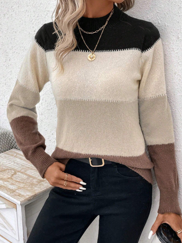 Crew-neck colorblock knit sweater with cream and black yoke and brown sleeve stripes