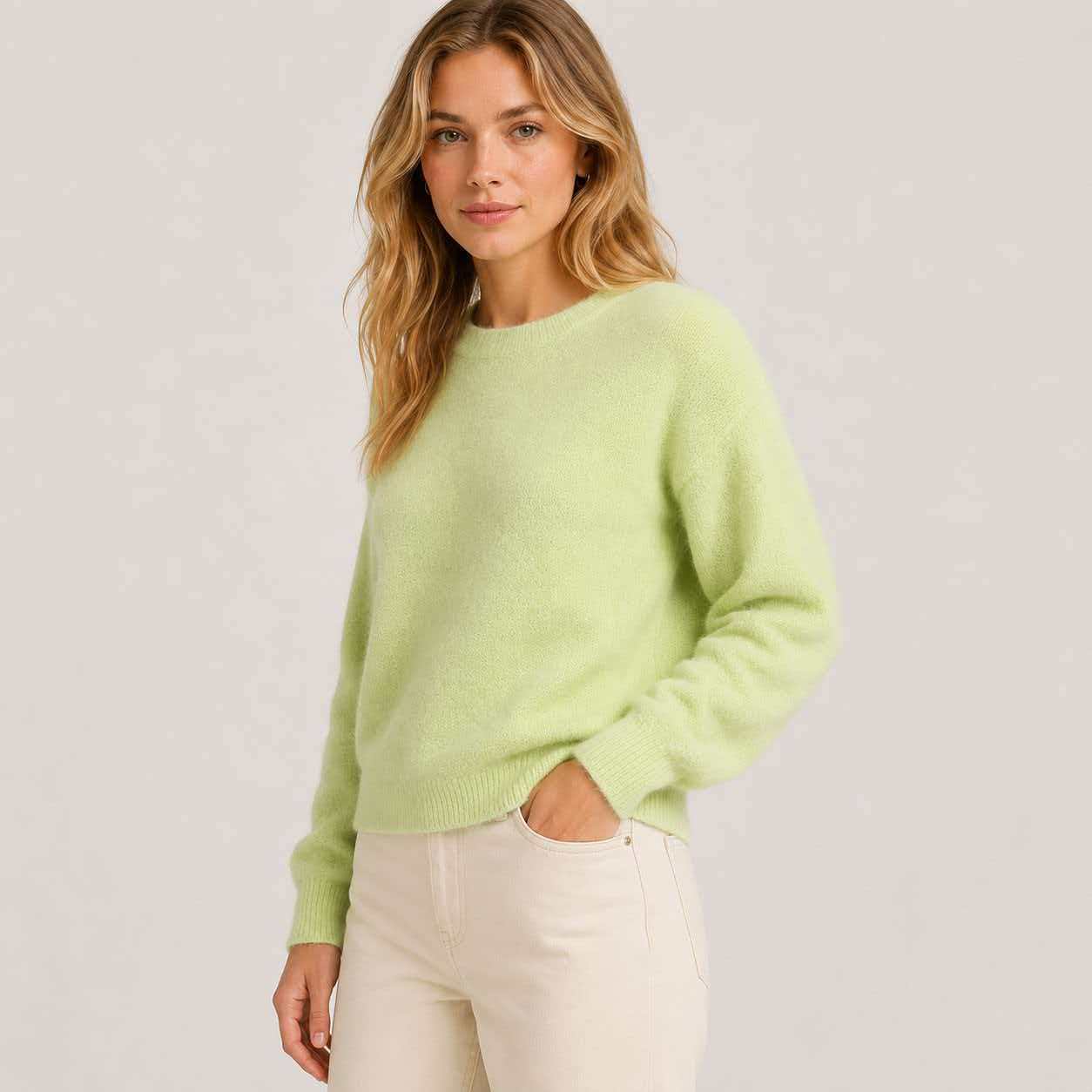 Fuzzy Crew Neck Sweater for Women — Soft Brushed Pullover Knit in Mohair