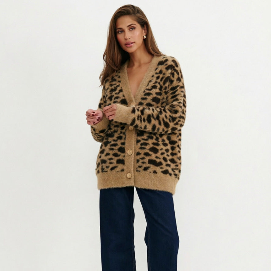 Women’s leopard print knitted cardigan with V-neck and button front, tan and black