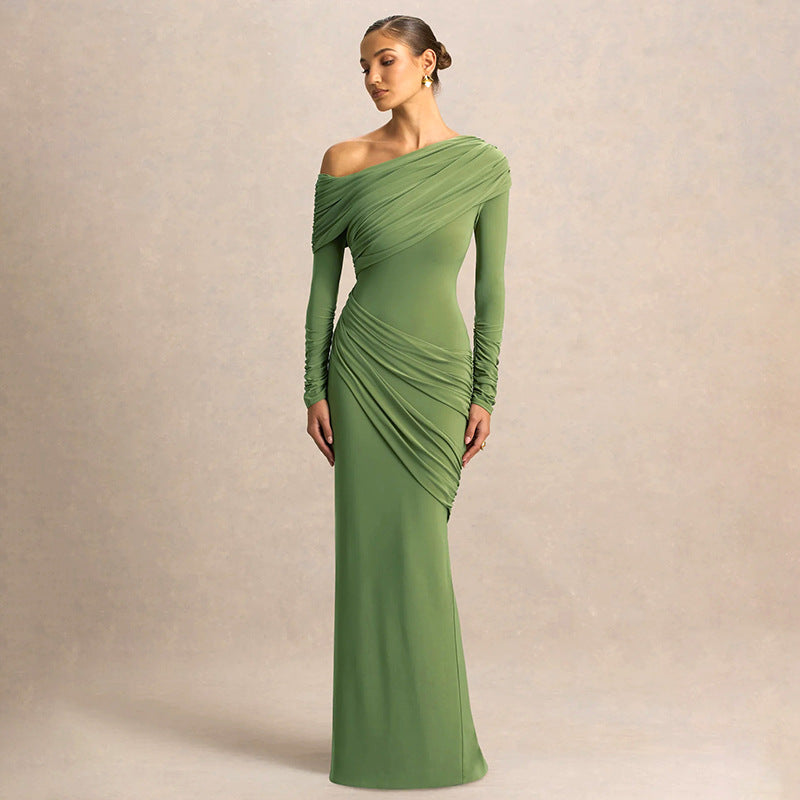 Green off-shoulder pleated long dress with draped bodice and long sleeves