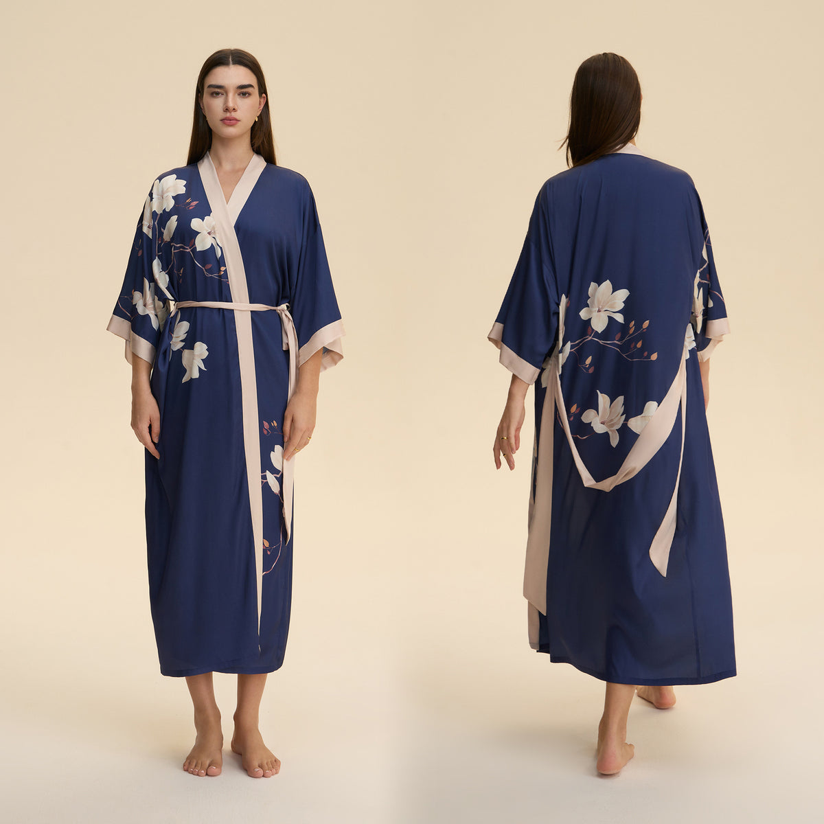 Navy satin long robe with white floral print, belted waist and loose kimono sleeves