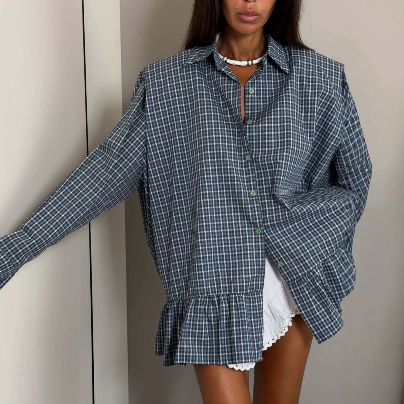 Oversized Plaid Shirt for Women — Ruffle Peplum Hem Button Front Top in Cotton