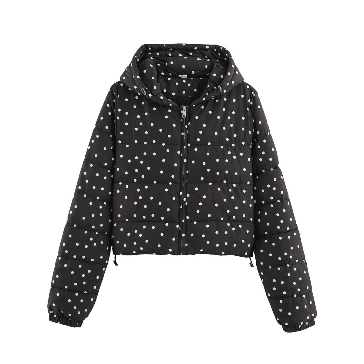 Black short hooded polka-dot cotton puffer jacket with front zipper and drawcord hem