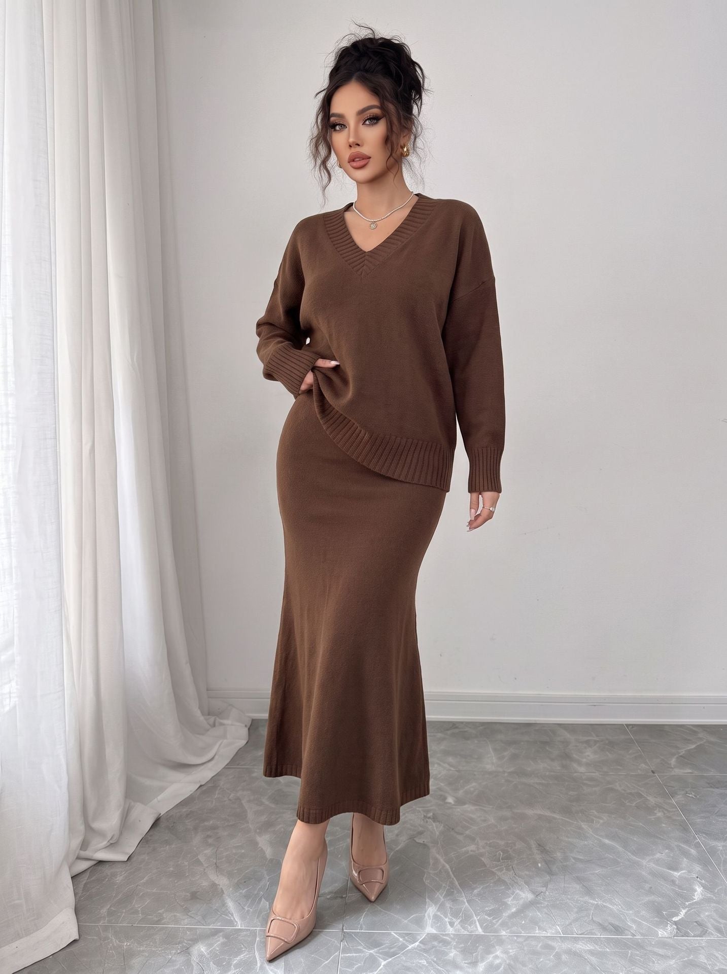 Sweater and Maxi Skirt Set — Two Piece V Neck Knit Outfit with Fishtail Hem in Merino Wool