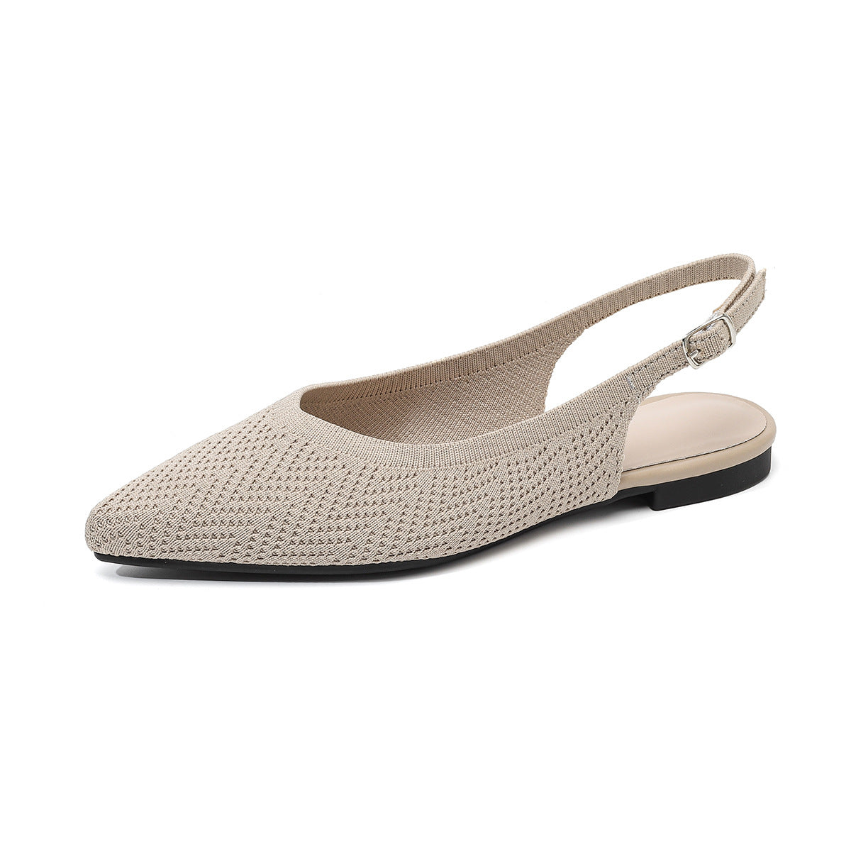Beige netted woven pointed-toe slingback sandals with low thick heel and strap