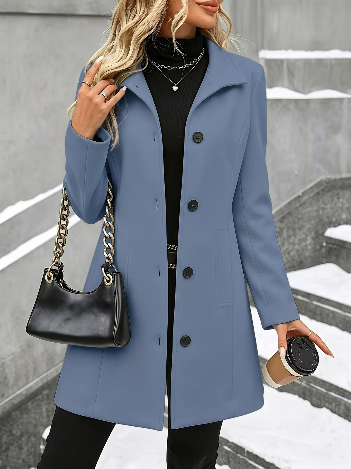 Women’s mid-length wool coat in light blue, turn-down collar, single-breasted button front