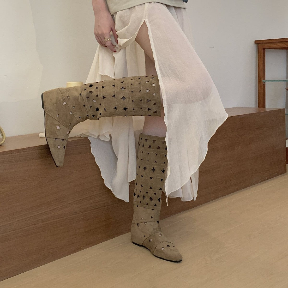 Cut Out Knee High Boots for Women — Flat Pointed Toe Slouch Boot in Suede