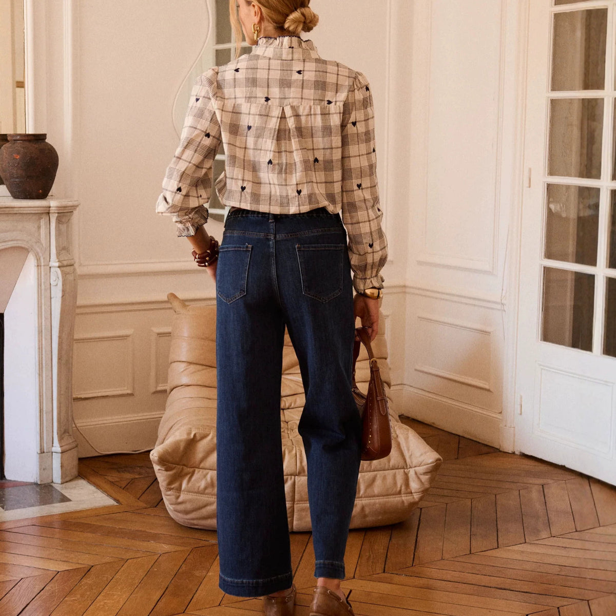 Women’s khaki plaid long-sleeve shirt with heart details and stand collar, full back view