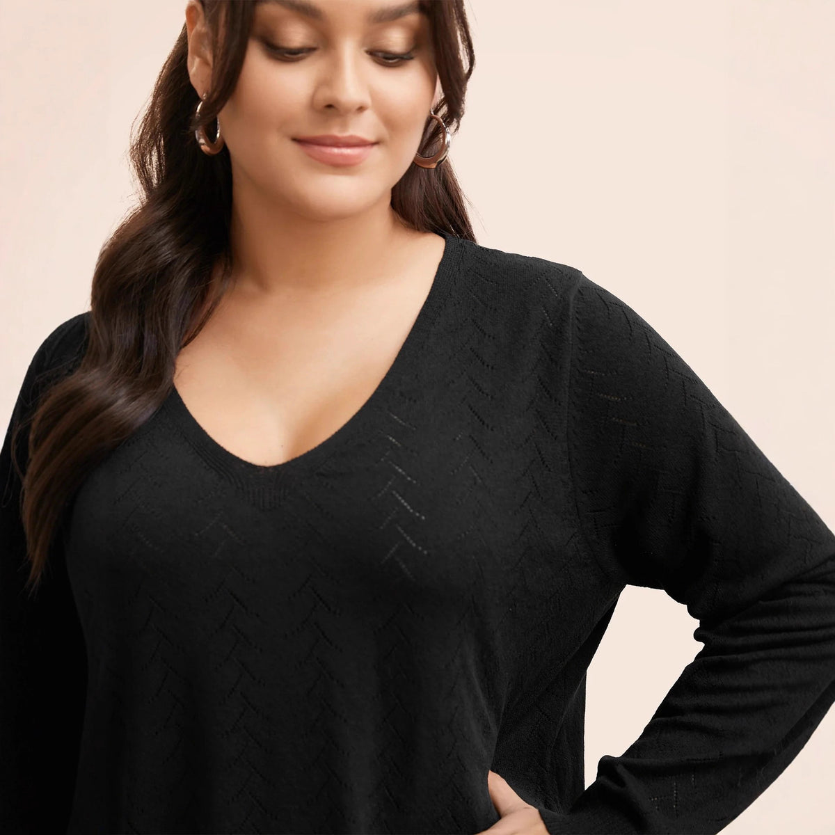 V Neck Sweater for Women — Pointelle Knit Pullover with a Longline Fit in Cotton