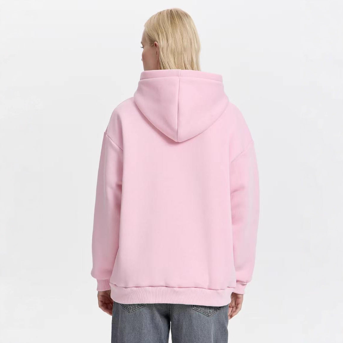 Pink velvet hooded sweatshirt with adjustable hood and plain back