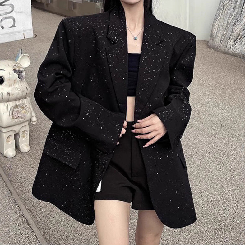 Black sequin blazer, long sleeves with double-breasted button front