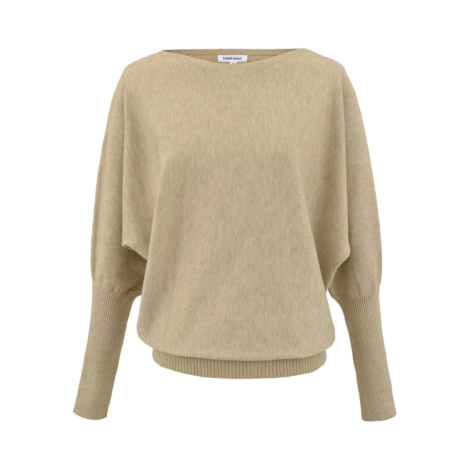 Beige knitted off-shoulder sweater with ribbed cuffs and hem