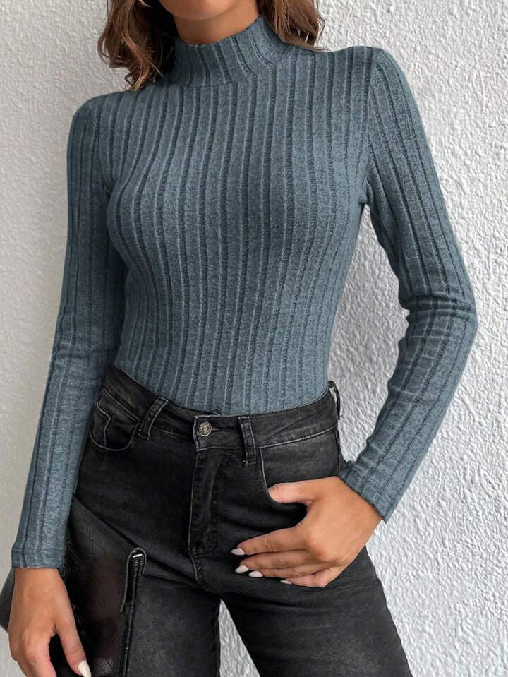 Sky blue ribbed knit mock-neck long-sleeve fitted pullover sweater base shirt