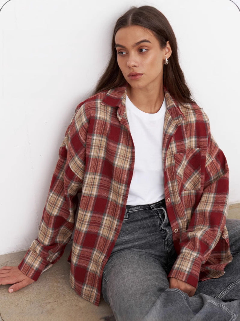 Red plaid long-sleeve shirt jacket with turn-down collar, button front, chest pocket.
