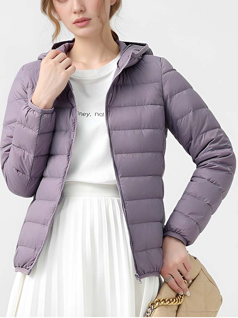 Women's light purple hooded down jacket with horizontal quilting, worn open.
