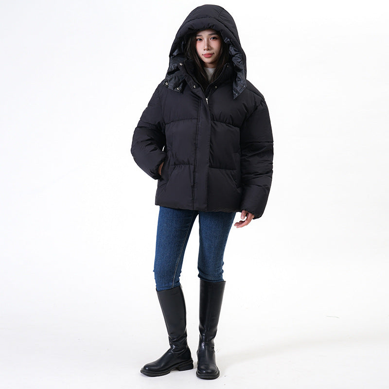Black hooded cropped puffer jacket, front snap placket and padded shoulders
