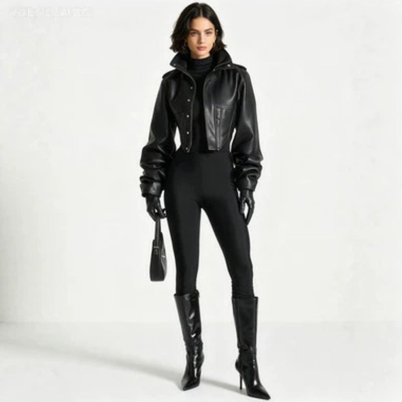 Women's black leather jacket with stand collar and long sleeves, front closure