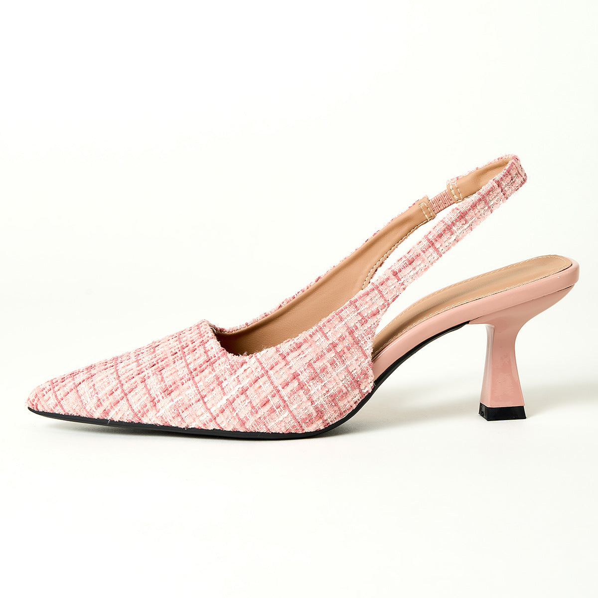 Pink tweed pointed-toe high heel slingback shoe with slim block heel