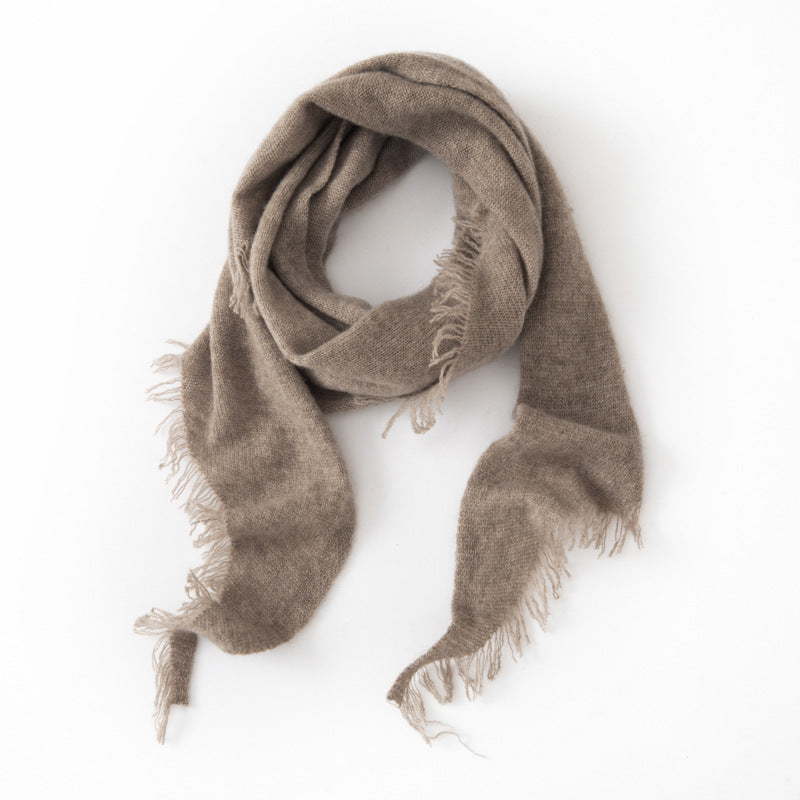 Taupe cashmere triangle scarf with long fringe tassels