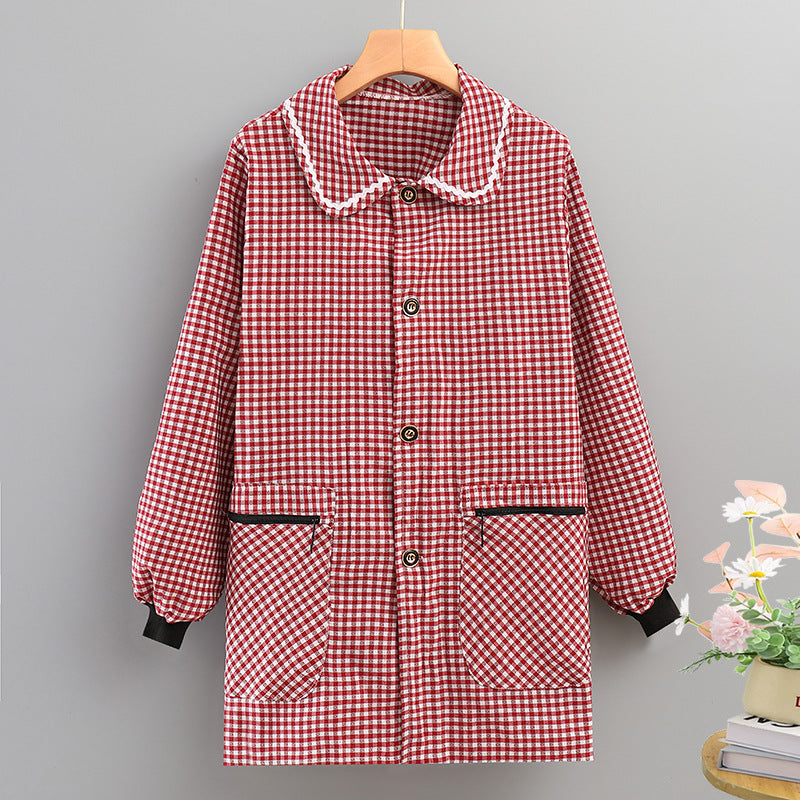 Red checkered long-sleeve smock apron with pointed collar, button front, and two chest pockets