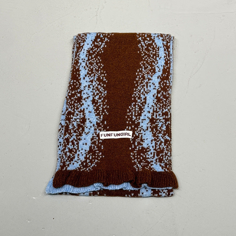 Brown and blue-speckle knitted scarf with fringed bottom edge and label patch